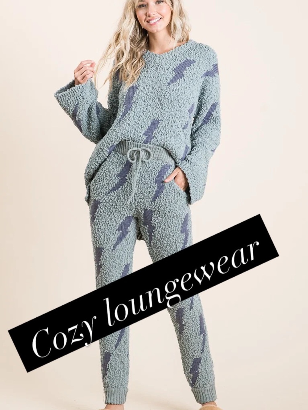 BiBi Cozy Popcorn Knit Loungewear Set - Sage & Slate